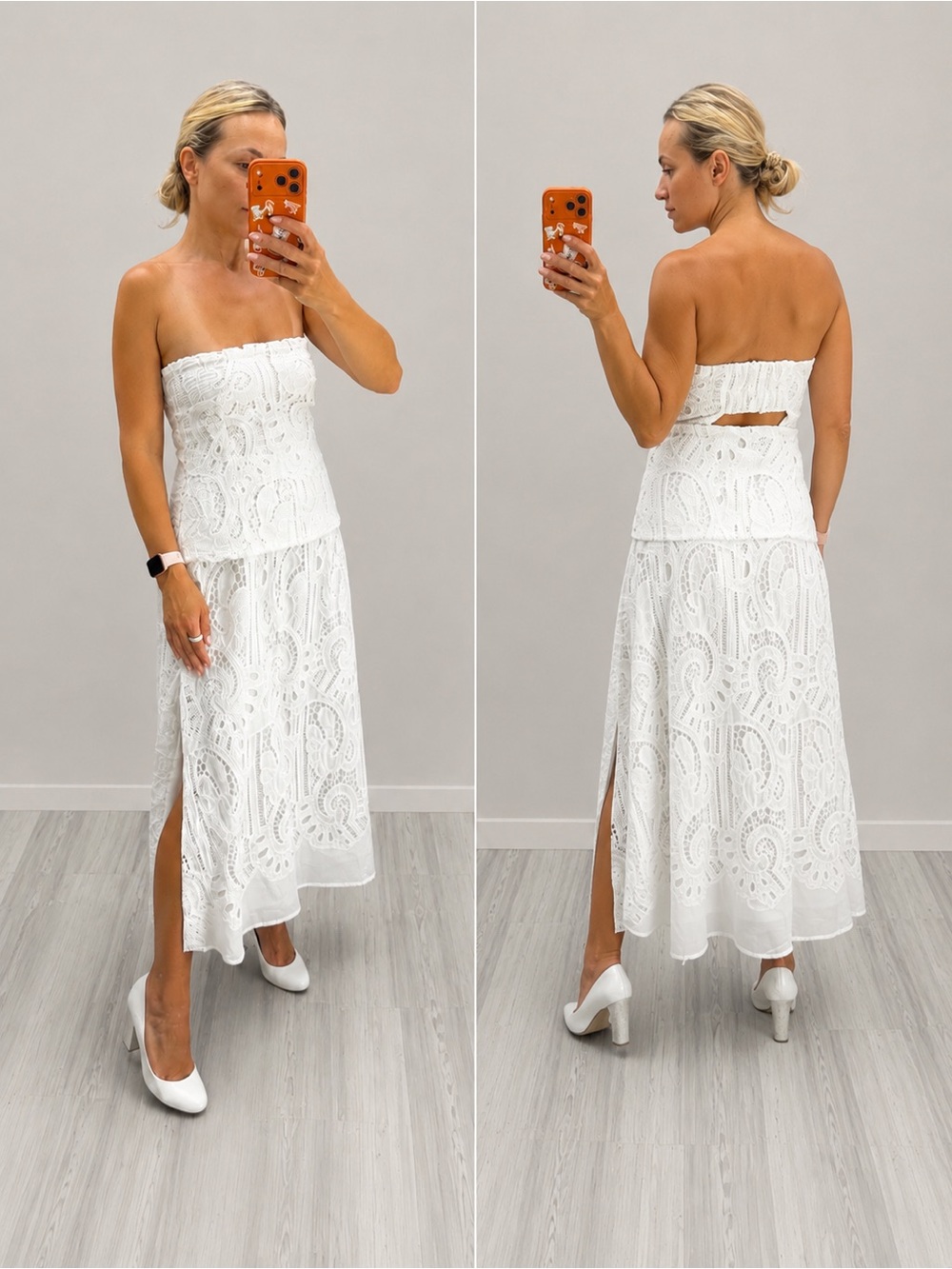 dRA White Cotton Lace Strapless Midi Dress side Slit Size S L NWT